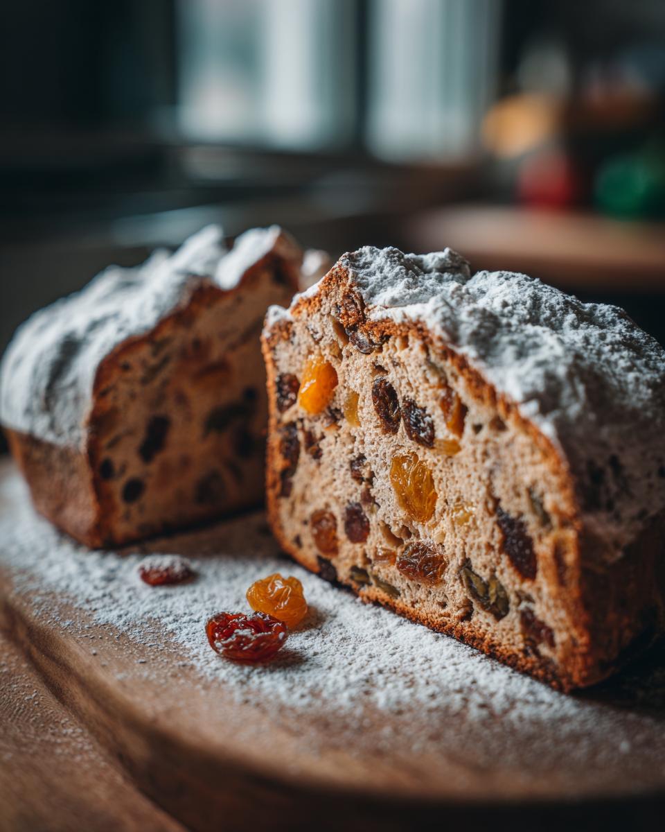 Een gesneden Duitse Kerststol, rijkelijk gevuld met rozijnen en gedroogd fruit, bestrooid met poedersuiker.