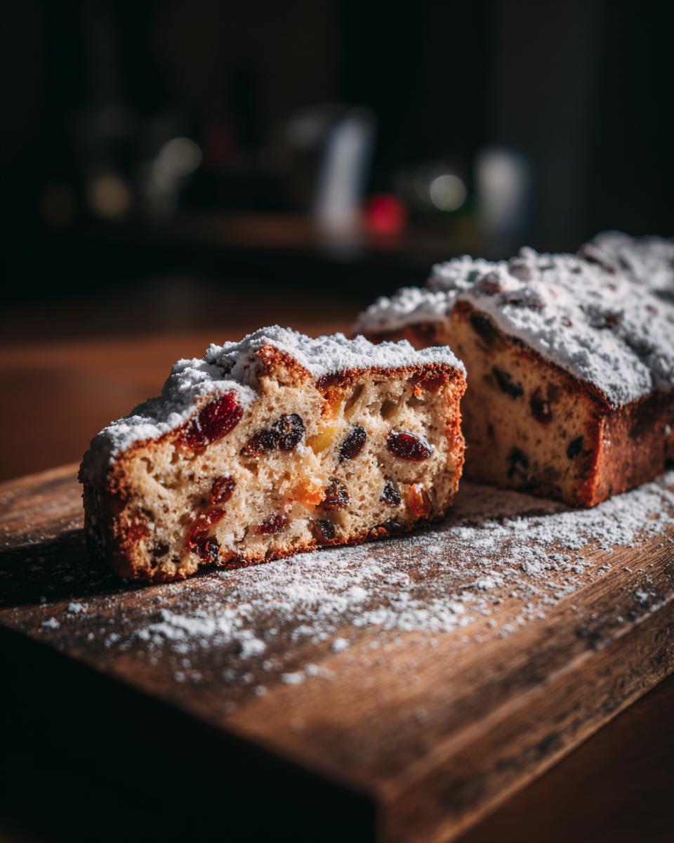 Een gesneden stuk Duitse Kerststol met gedroogd fruit en bestrooid met poedersuiker op een houten plank.