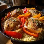 Close-up of baked chicken thighs with colorful bell peppers and onions served over quinoa in a cast-iron skillet. An easy chicken recipe.