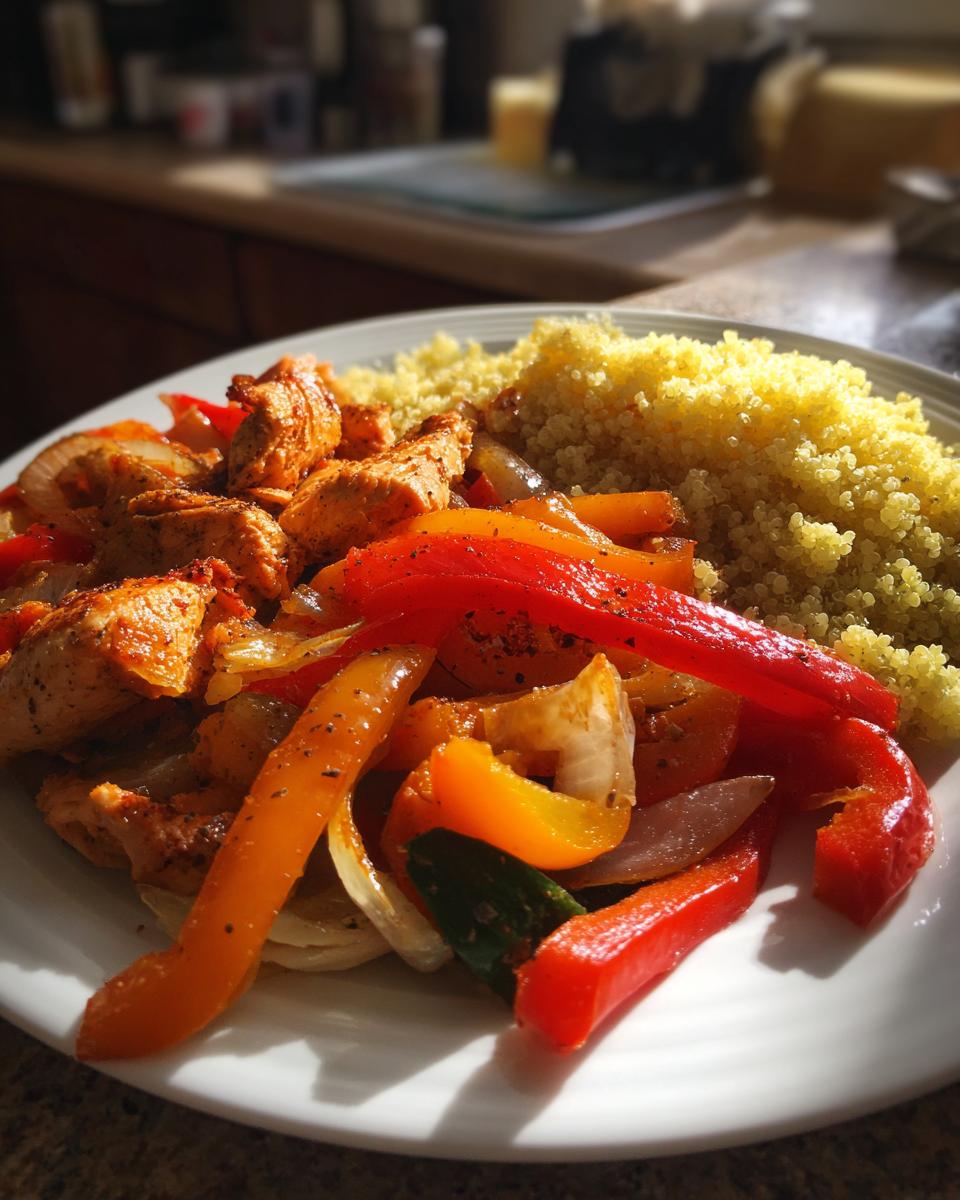 Plate of seasoned chicken pieces with colorful bell peppers and fluffy quinoa, an easy chicken recipe.