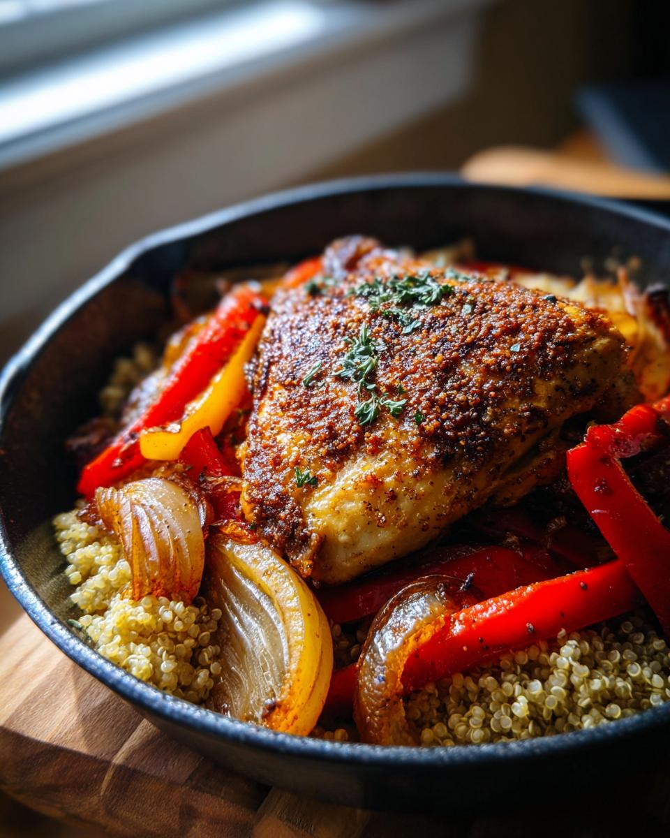 A close-up of a seasoned chicken breast served over quinoa with roasted bell peppers and onions in a cast-iron skillet. This is one of our easy chicken recipes.
