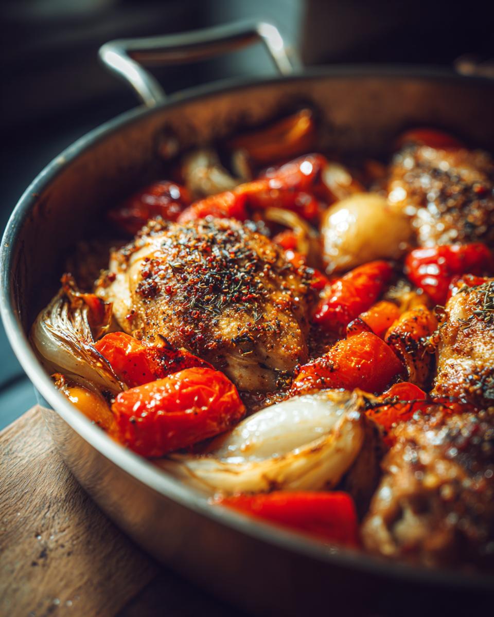 Close-up of roasted chicken pieces with cherry tomatoes and onions in a pan, part of easy chicken recipes.