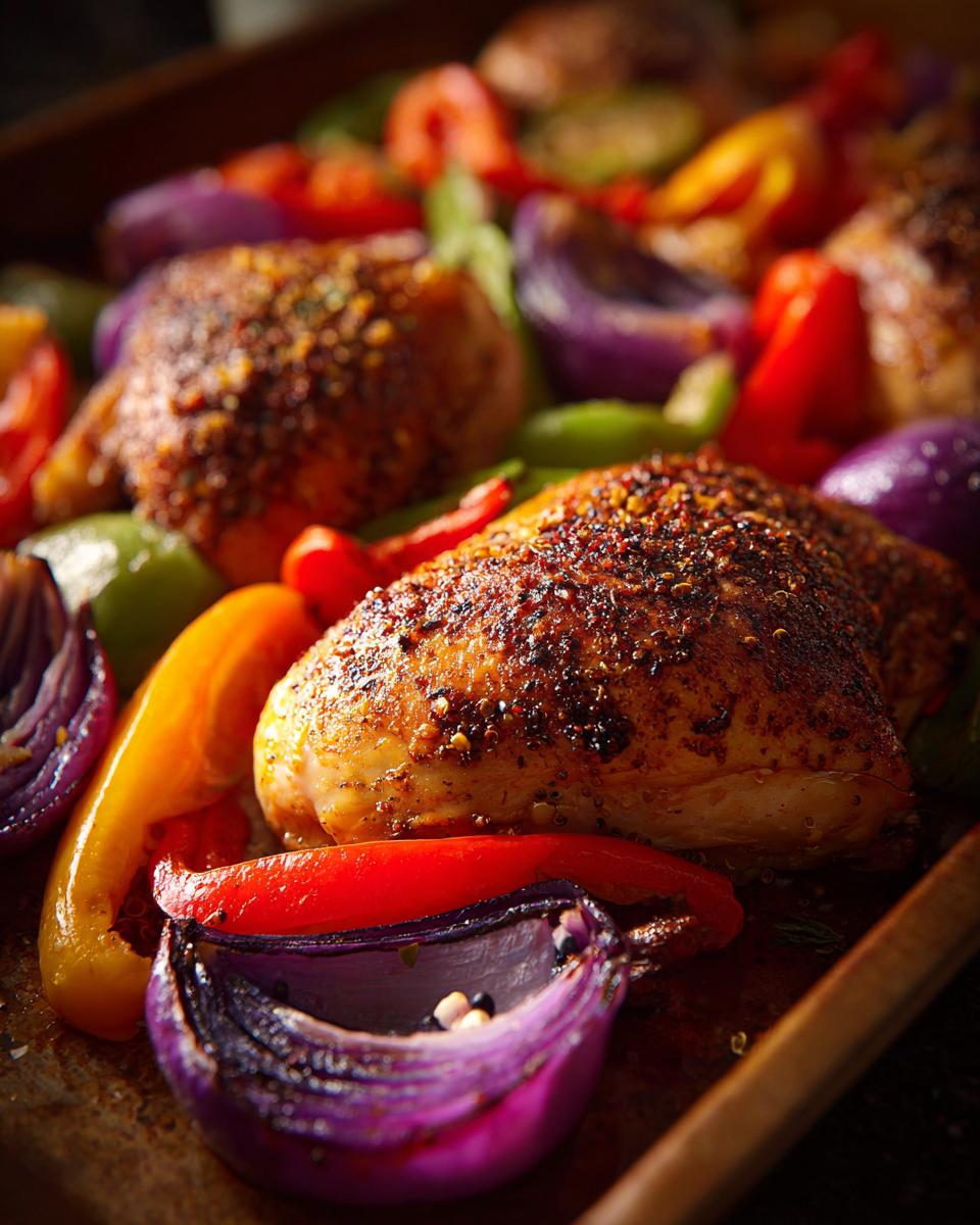 Close-up of roasted chicken thighs with colorful bell peppers and red onions on a baking sheet.