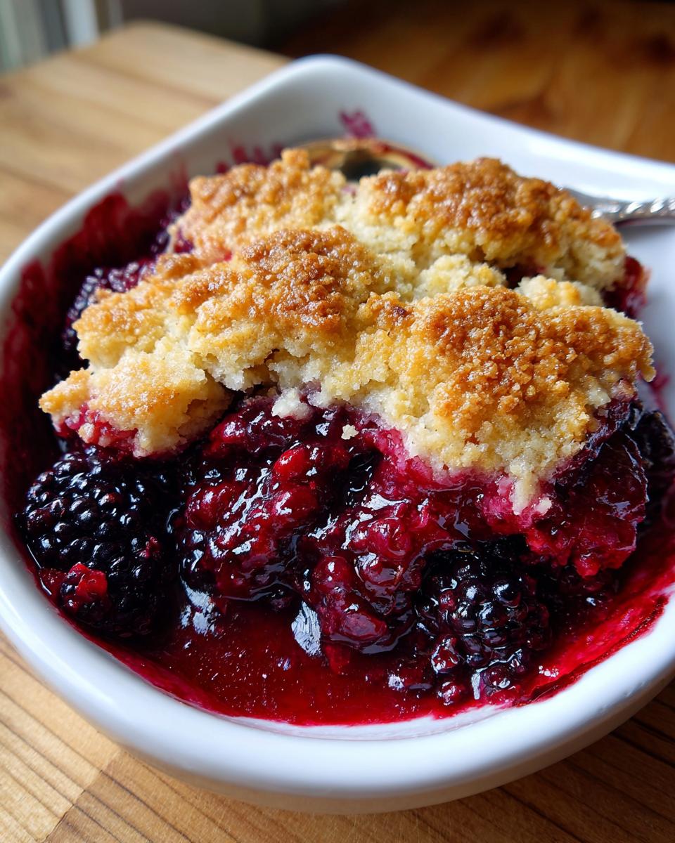 A close-up of a warm, bubbling homemade blackberry cobbler dessert in a white dish, featuring juicy blackberries and a golden crumb topping.