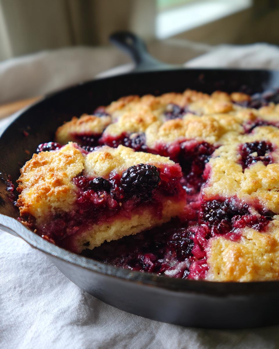 A slice of warm, homemade blackberry cobbler dessert in a cast iron skillet, showcasing juicy blackberries and a golden crust.