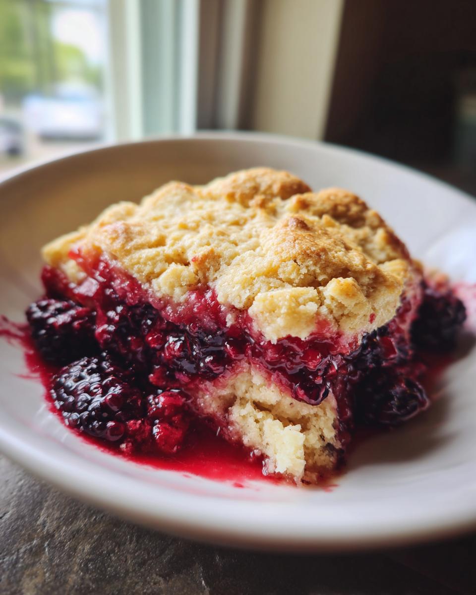 A close-up of a slice of easy homemade blackberry cobbler dessert on a white plate, with juicy blackberries and a golden biscuit topping.