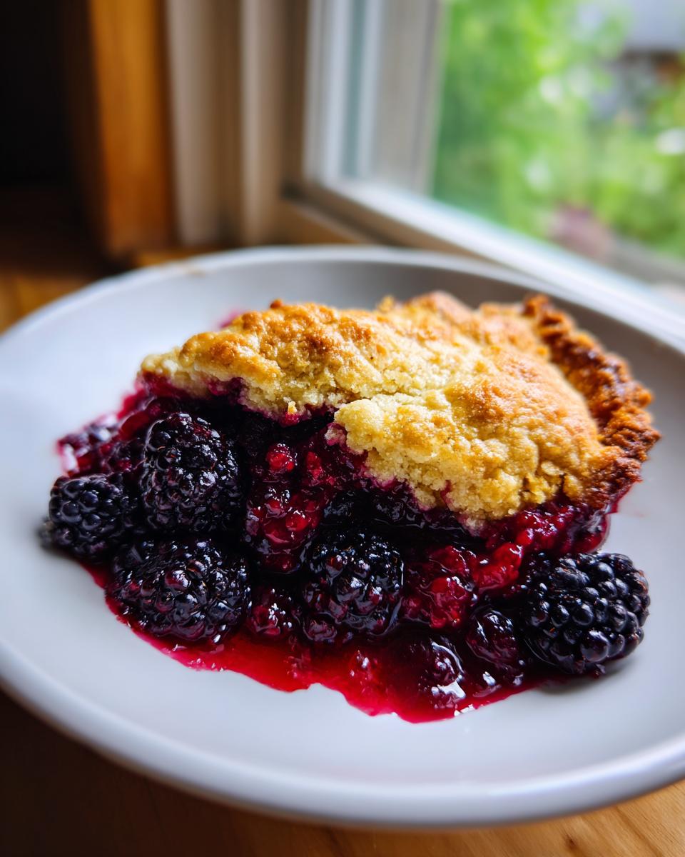 A delicious slice of easy homemade blackberry cobbler dessert, showcasing juicy blackberries and a golden crumb topping.