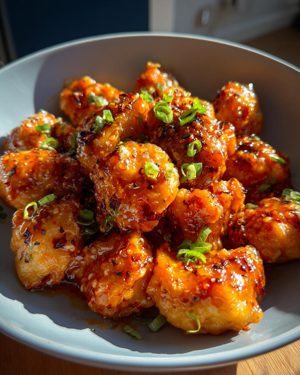 Close-up of crispy, glazed orange chicken bites topped with chopped green onions.
