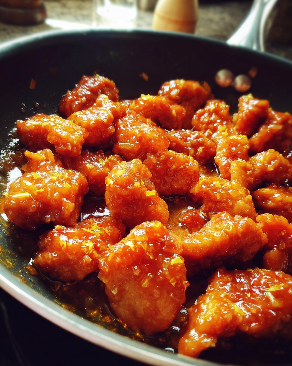 Close-up of crispy, glazed chicken pieces coated in a vibrant orange sauce, ready for an Easy Orange Chicken Recipe.