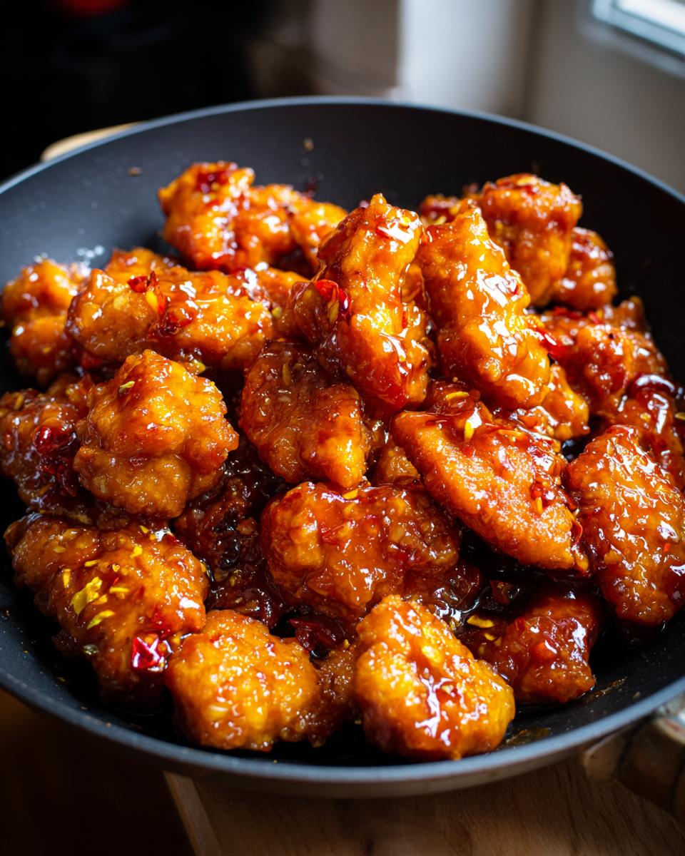 Close-up of crispy, glazed orange chicken pieces in a pan, ready for an easy orange chicken recipe.