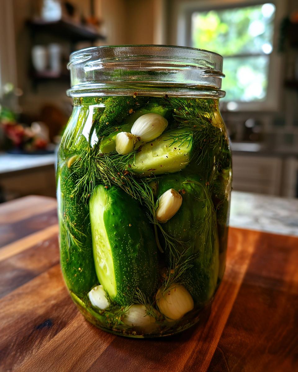 Een glazen pot gevuld met Easy and Super Crispy Refrigerator Dill Pickles, dille en knoflook op een houten snijplank.