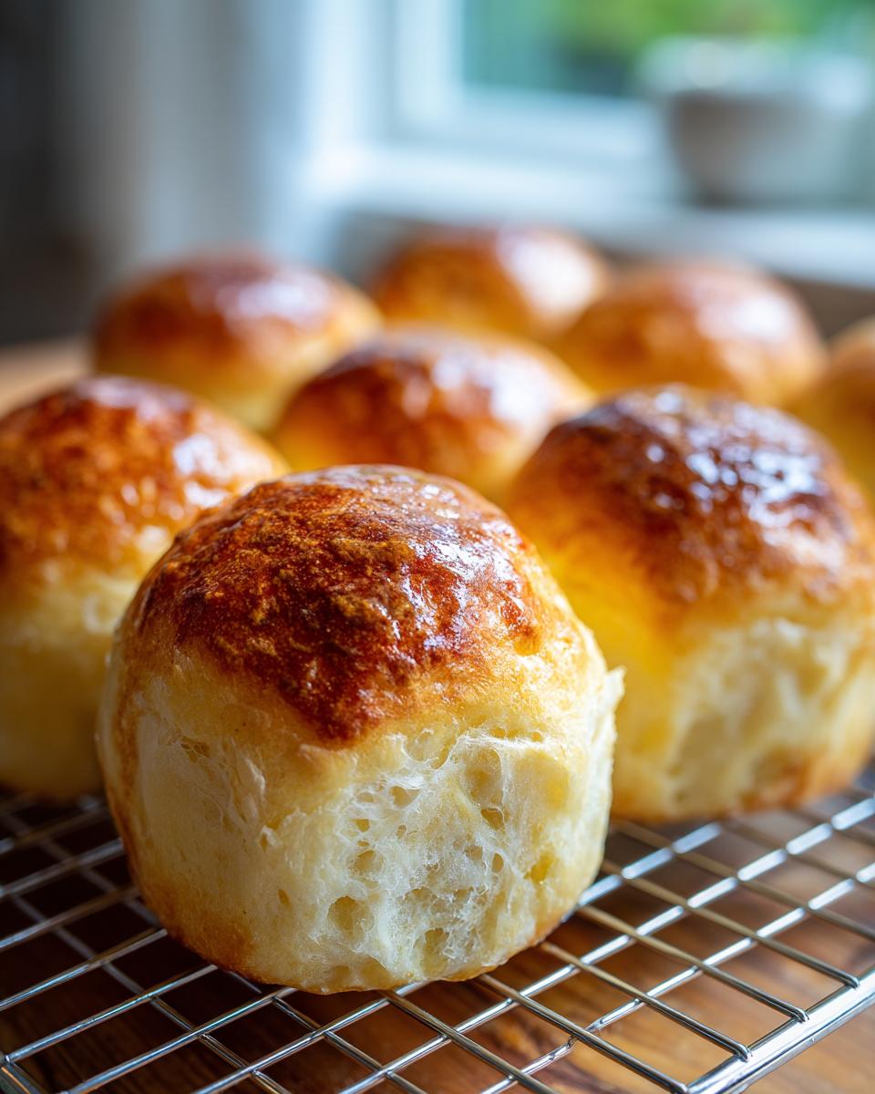 Gouden, luchtige brioche broodjes vers uit de airfryer op een rooster.