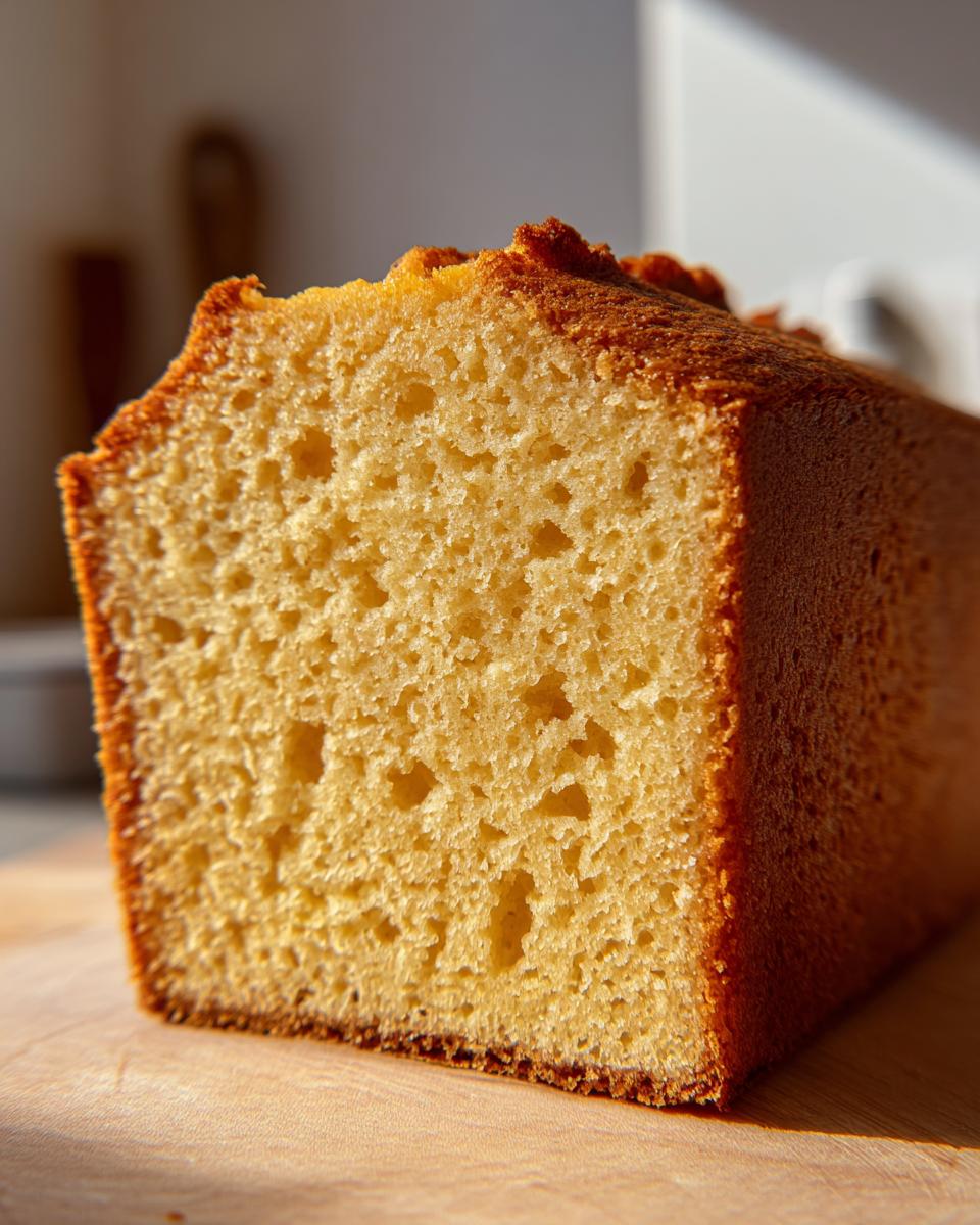 Close-up van een gesneden eivrije vanillecake, met een goudbruine korst en een luchtige, zachte binnenkant.