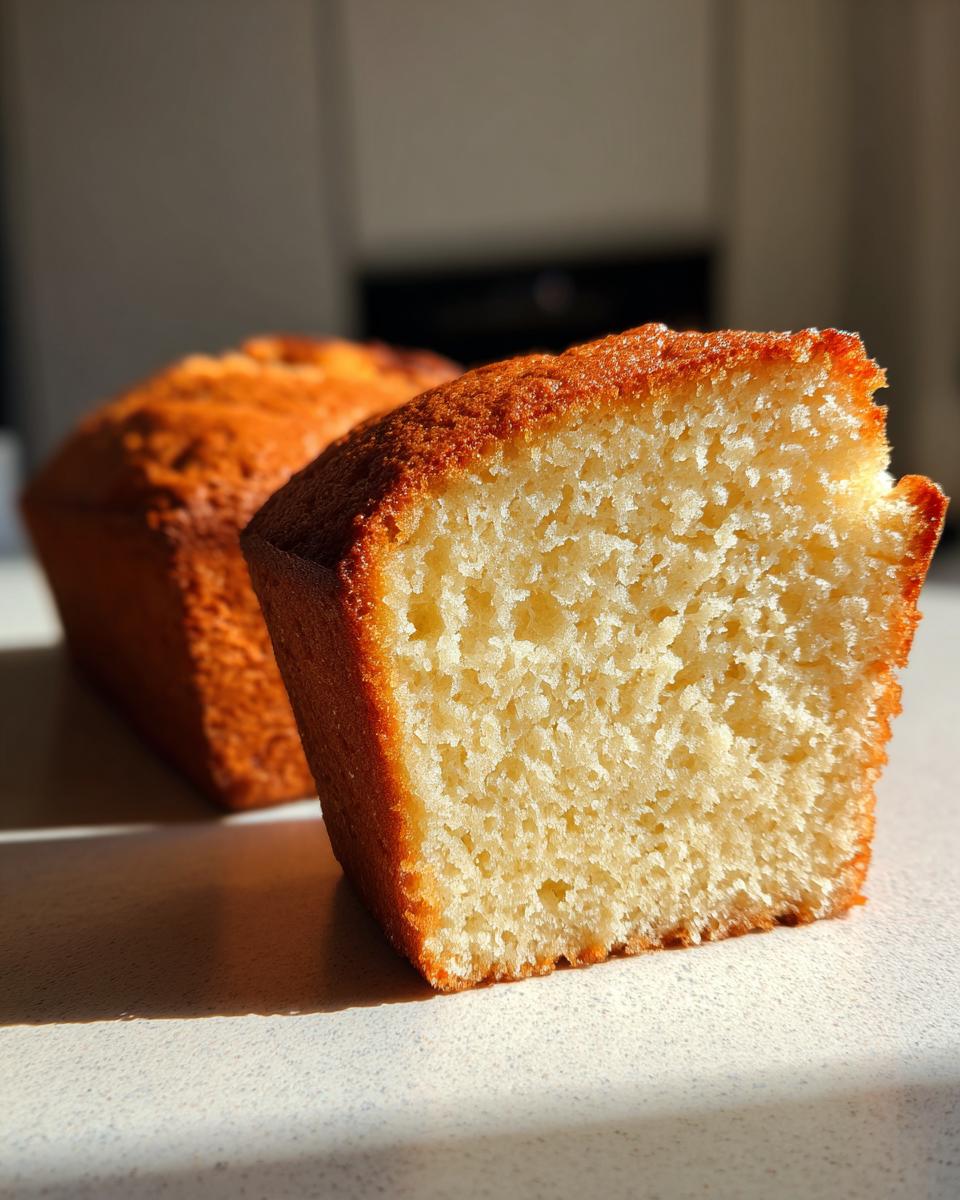Close-up van een smeuïge eivrije vanillecake, met een goudbruine korst en een luchtige kruimel.