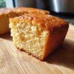 Een close-up van een stuk smeuïge eivrije vanillecake op een houten plank.