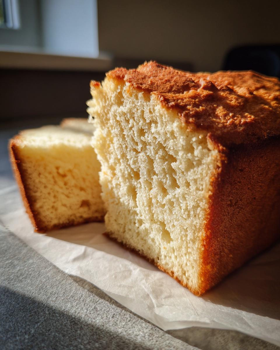 Close-up van een gesneden eivrije vanillecake, met een goudbruine korst en een luchtige, zachte binnenkant.