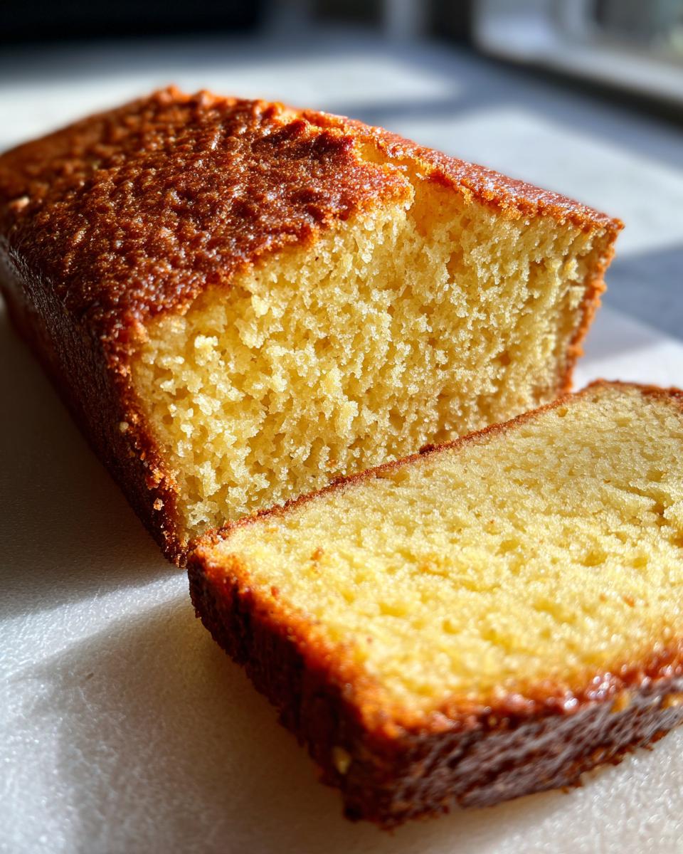 Een close-up van een smeuïge eivrije vanillecake, met een gesneden plak.