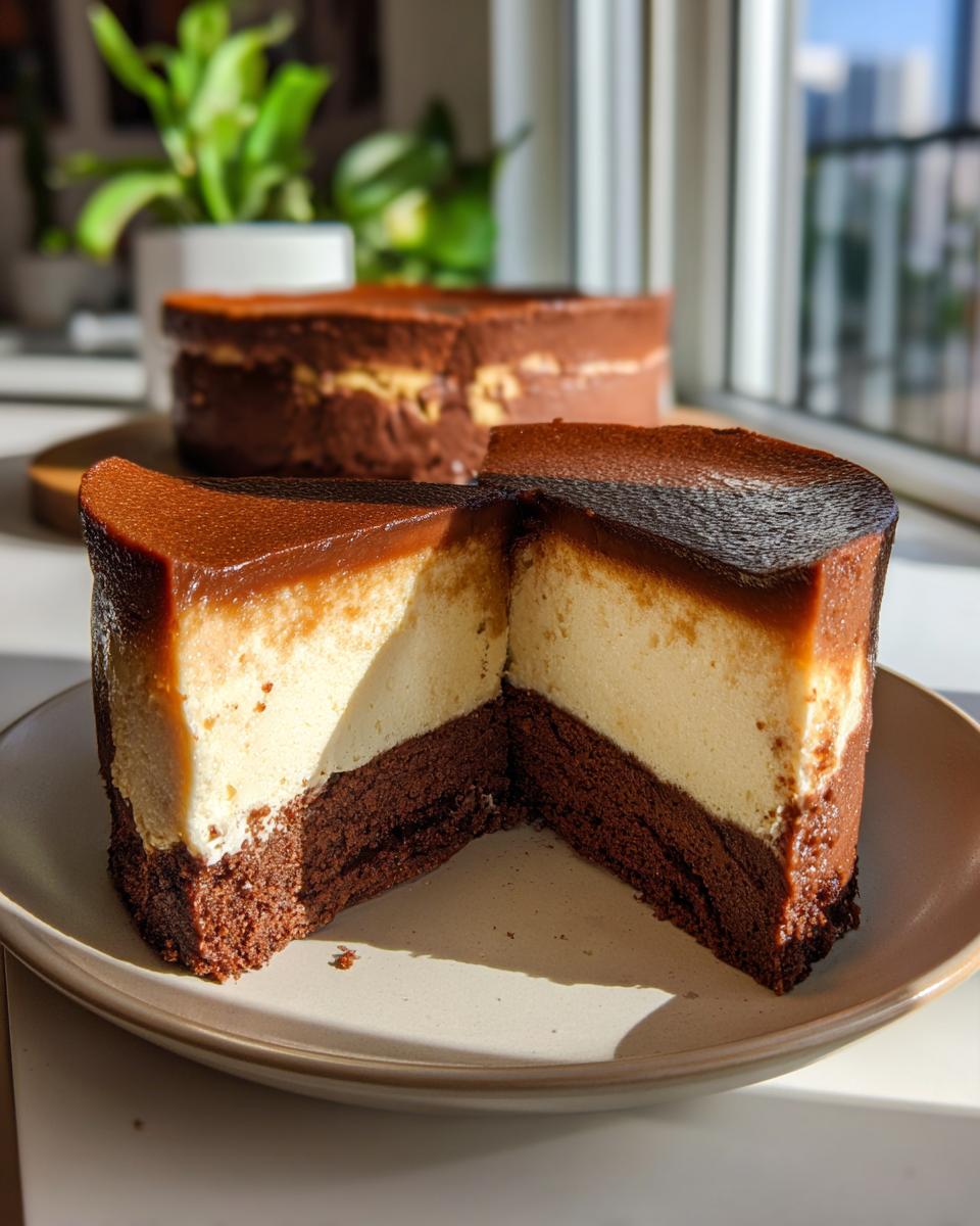 Een plak van de Exquise Chocoflan of Impossible Cake, met een chocoladebodem, romige vulling en karameltopping.