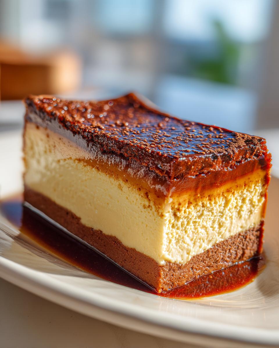 Een heerlijk stuk Exquise Chocoflan of Impossible Cake met lagen chocoladecake, crème en karamel.