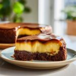 Een heerlijk stuk Exquise Chocoflan met een chocolade bodem, romige vla en karameldressing.
