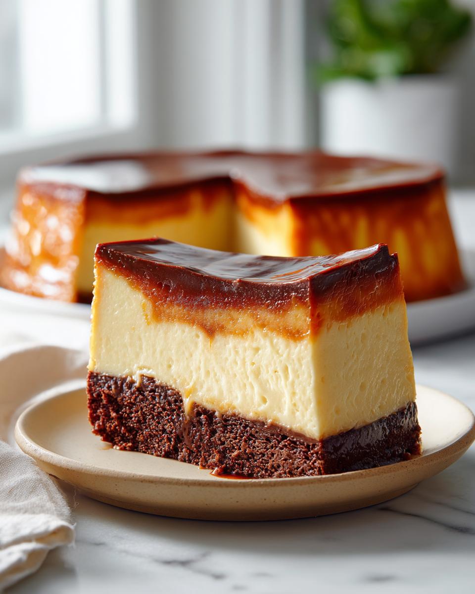 Een perfect gesneden stuk Exquise Chocoflan of Impossible Cake met lagen chocoladecake, crème en karamel.