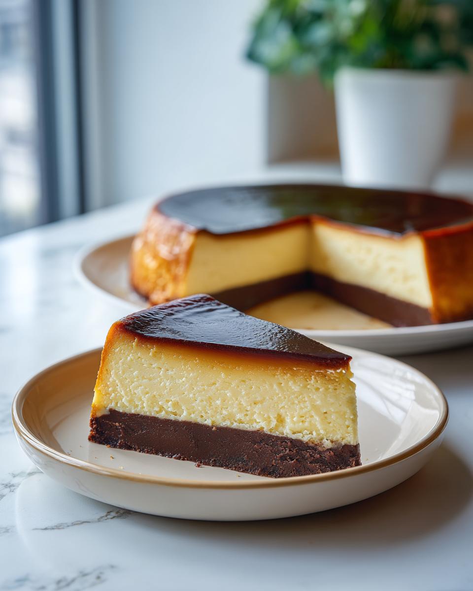 Een perfect stuk Exquise Chocoflan of Impossible Cake met een laag chocoladecake en een laag romige vla.