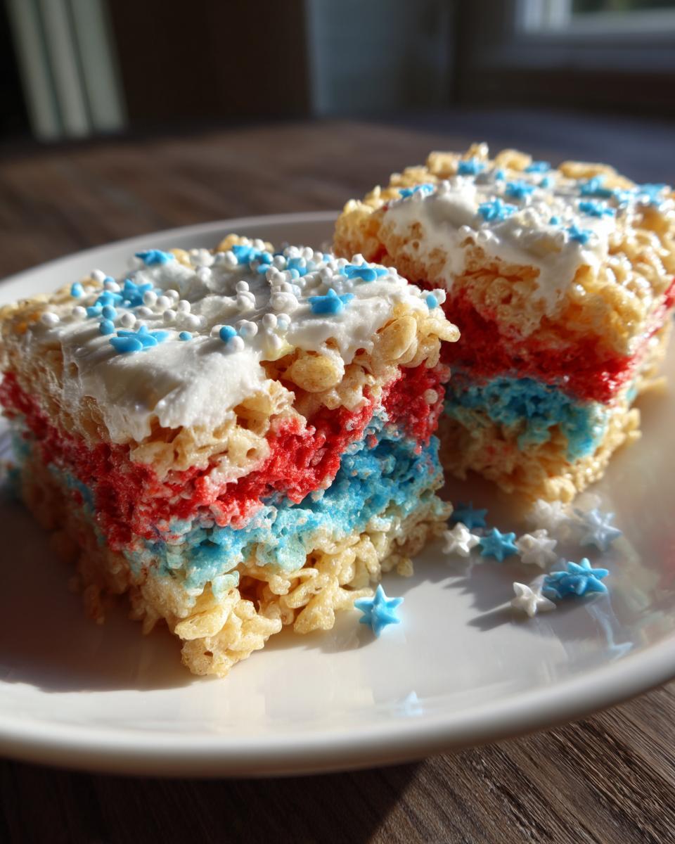 Two festive 4th of July Rice Krispie Treats layered with red, white, and blue, topped with white frosting and star sprinkles.