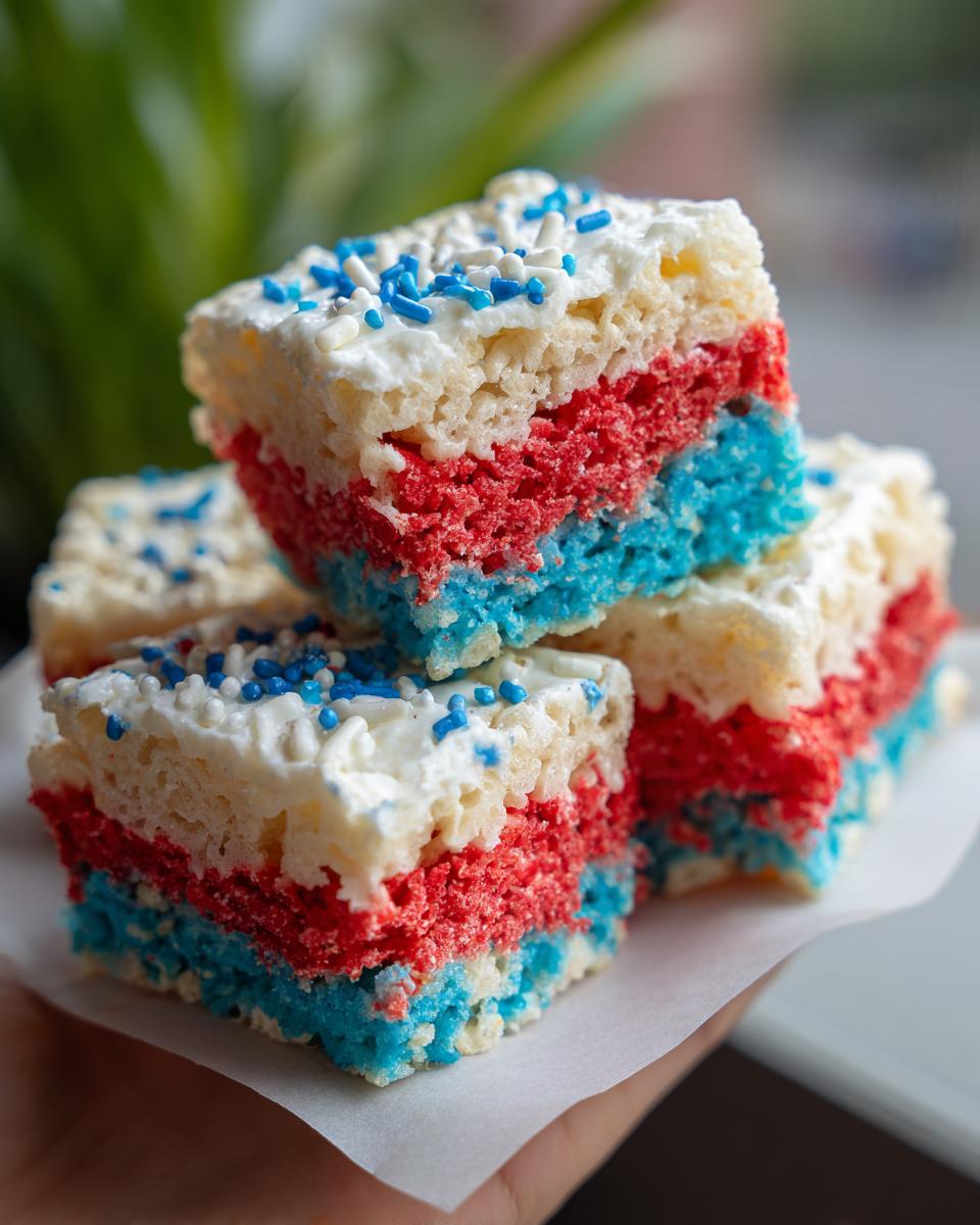 Close-up of layered red, white, and blue Festive 4th Of July Rice Krispie Treats topped with sprinkles.