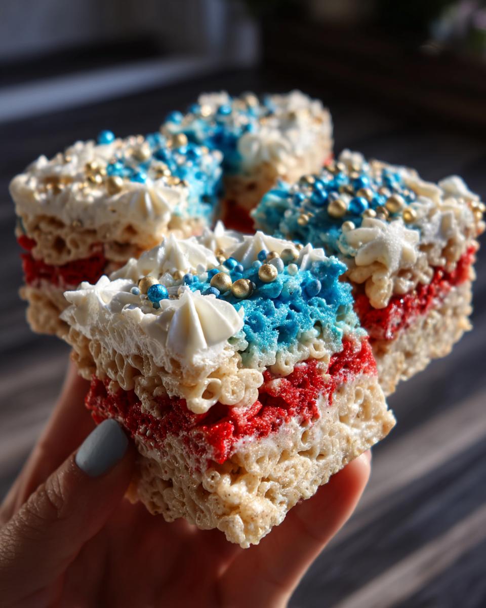 A hand holding several Festive 4th Of July Rice Krispie Treats, decorated with red, white, and blue frosting and sprinkles.