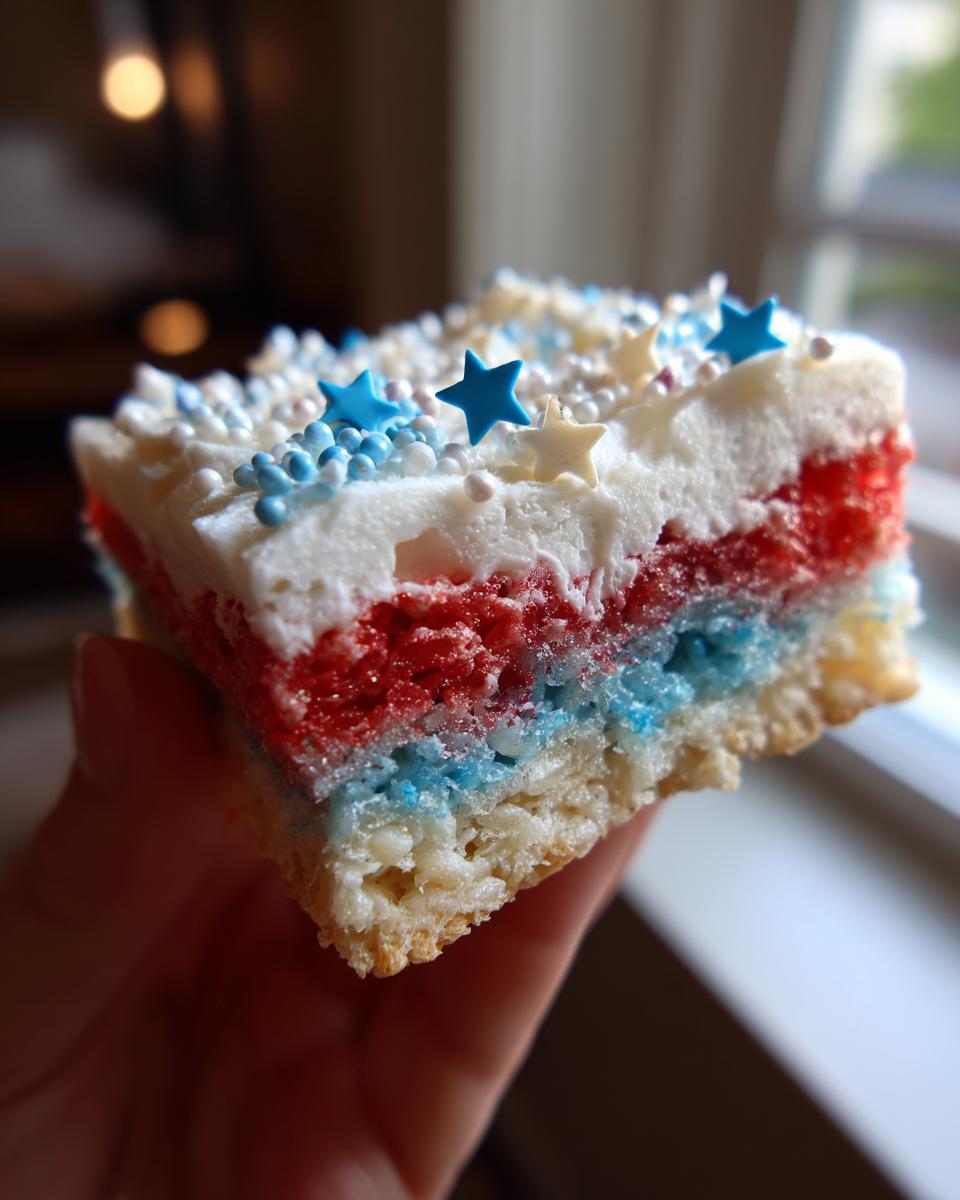 A slice of festive 4th of July Rice Krispie Treats, layered with red and blue, topped with white frosting and patriotic sprinkles.