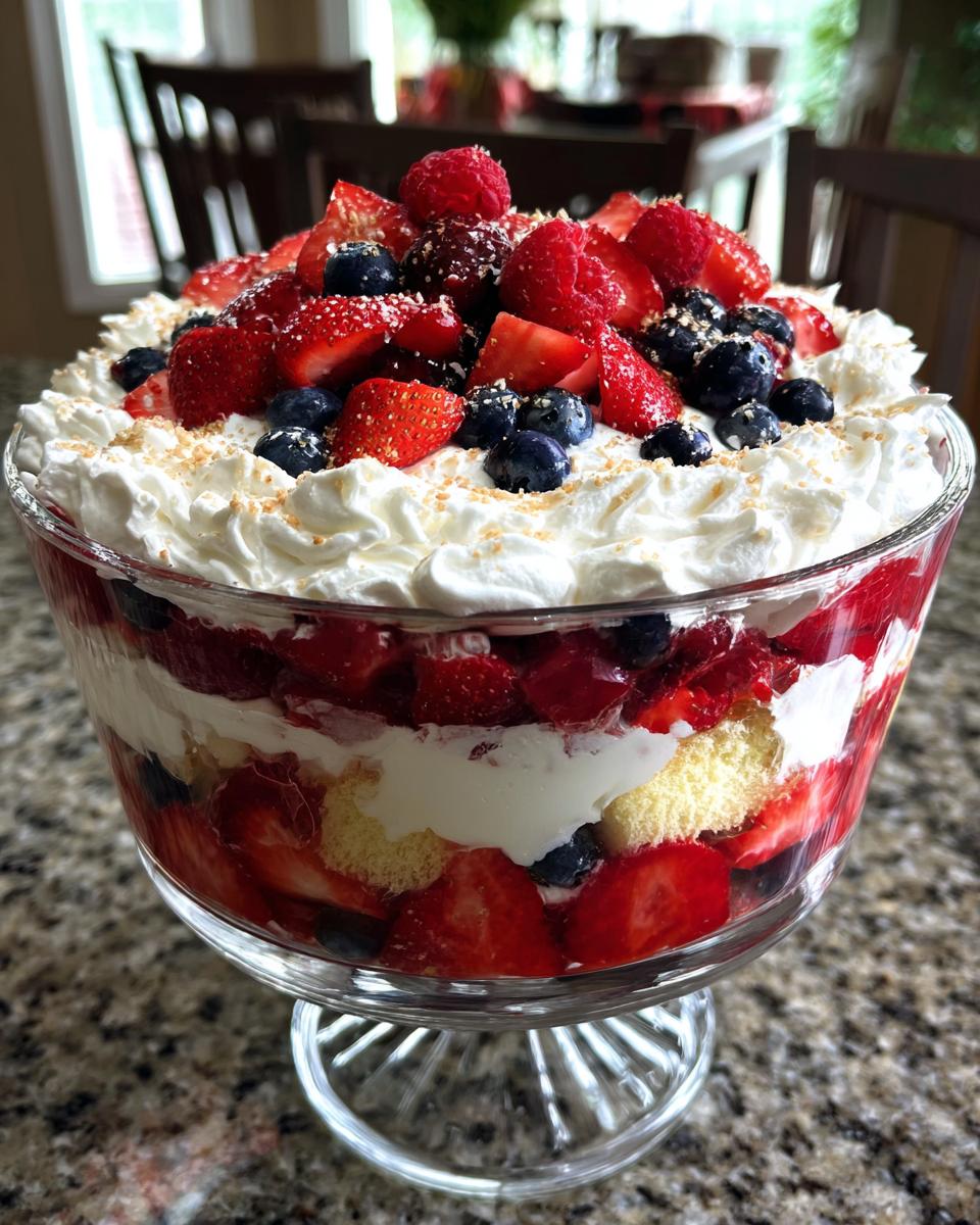 A Festive 4th Of July Trifle overflowing with fresh strawberries, blueberries, raspberries, and whipped cream.