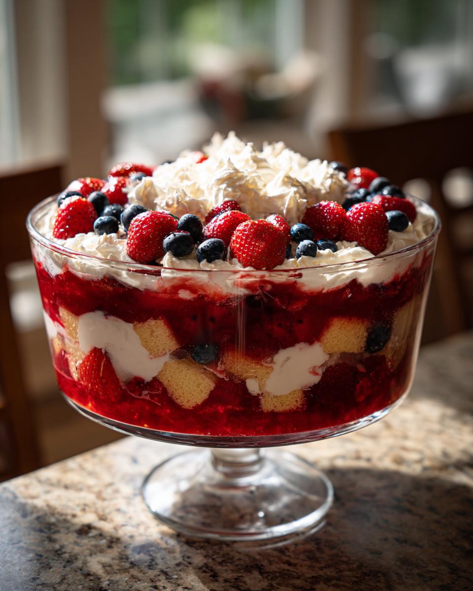 A large glass trifle bowl filled with layers of cake, whipped cream, and red and blue berries, perfect for a Festive 4th Of July Trifle.