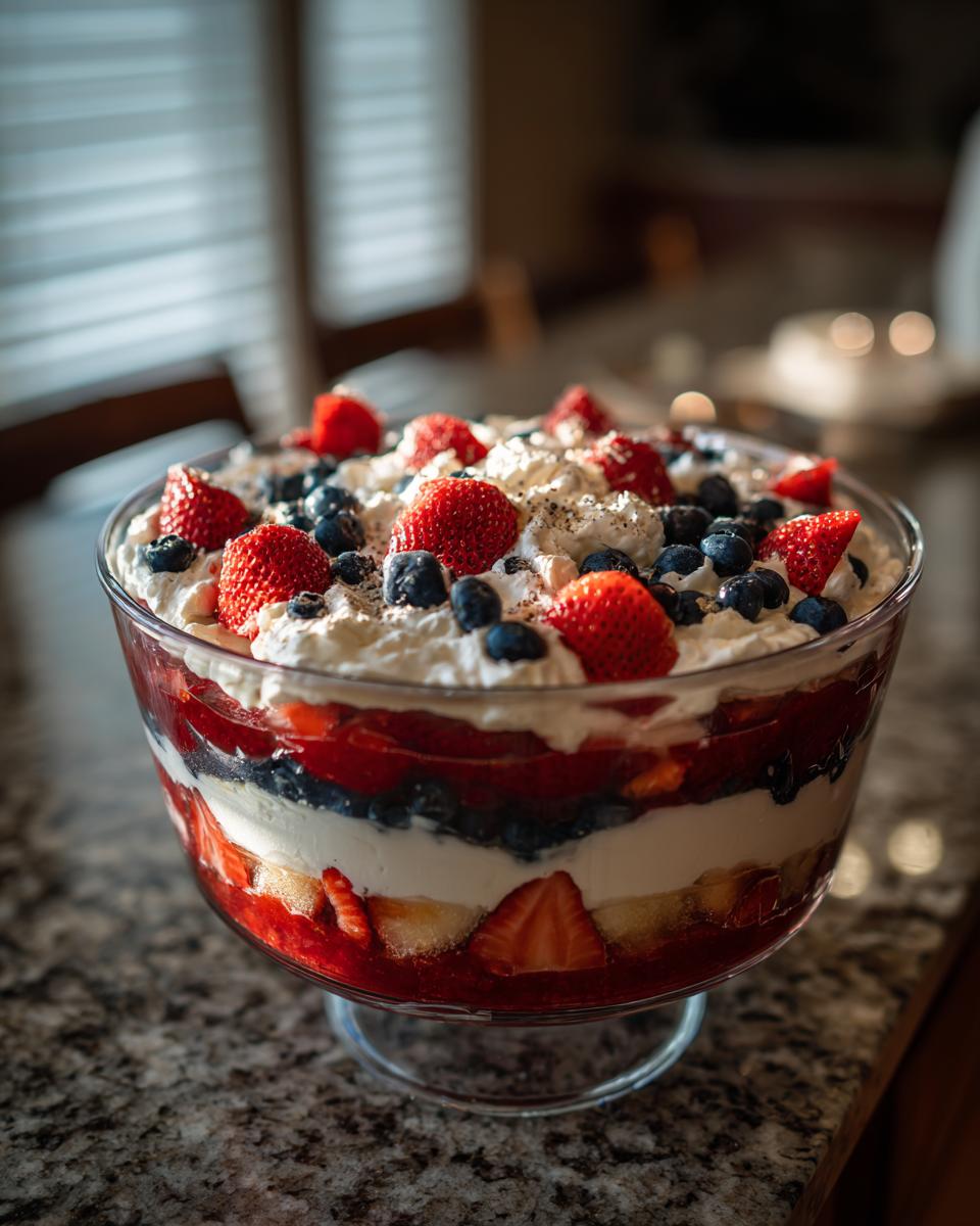 A beautiful Festive 4th Of July Trifle layered with cake, cream, strawberries, and blueberries, topped with whipped cream and more berries.