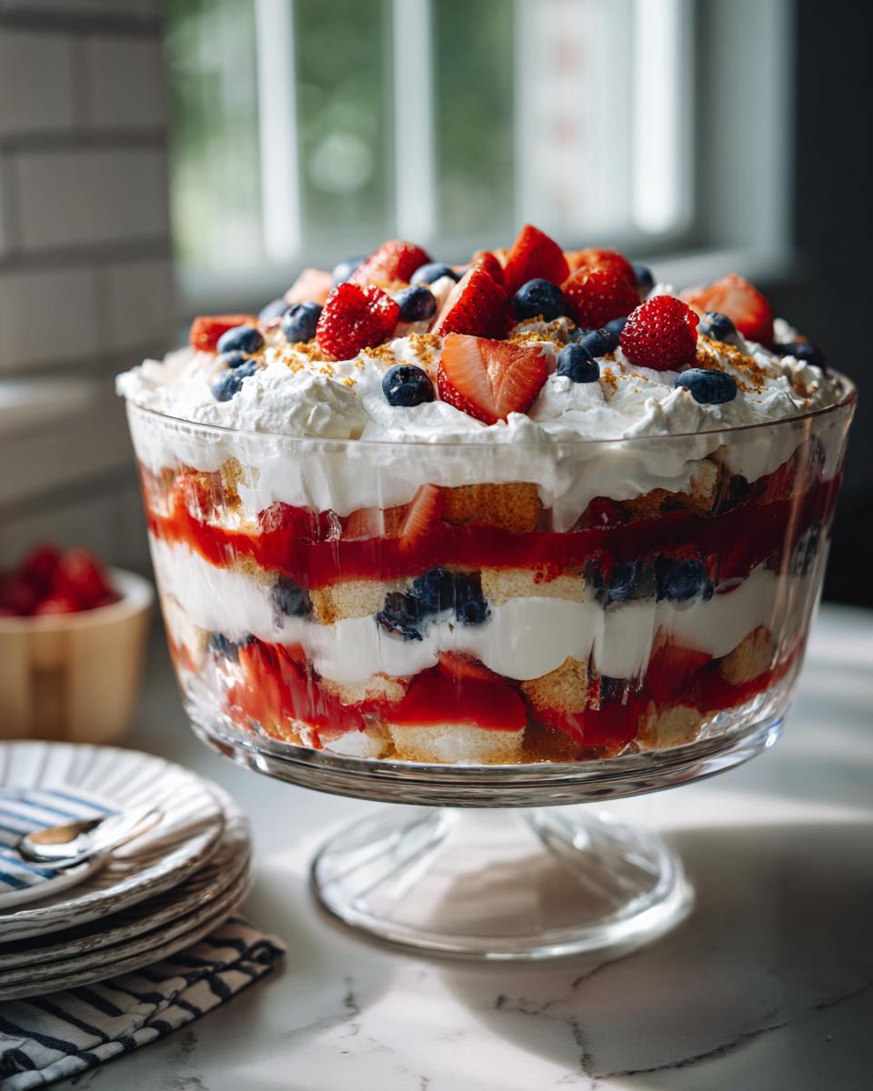 A close-up of a Festive 4th Of July Trifle, showcasing layers of cake, cream, strawberries, and blueberries.