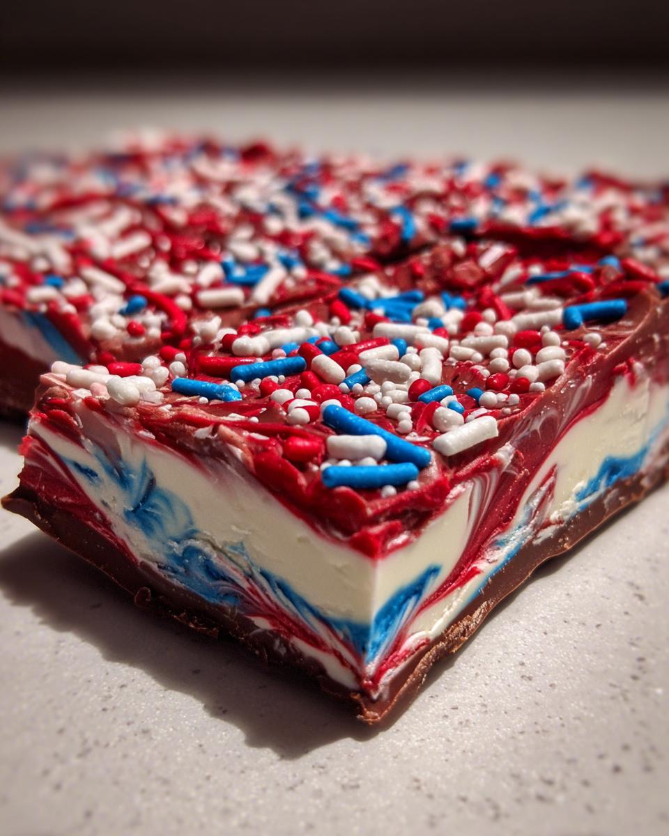 A close-up of Festive Red White Blue Bark, showcasing the swirled chocolate and colorful sprinkles.