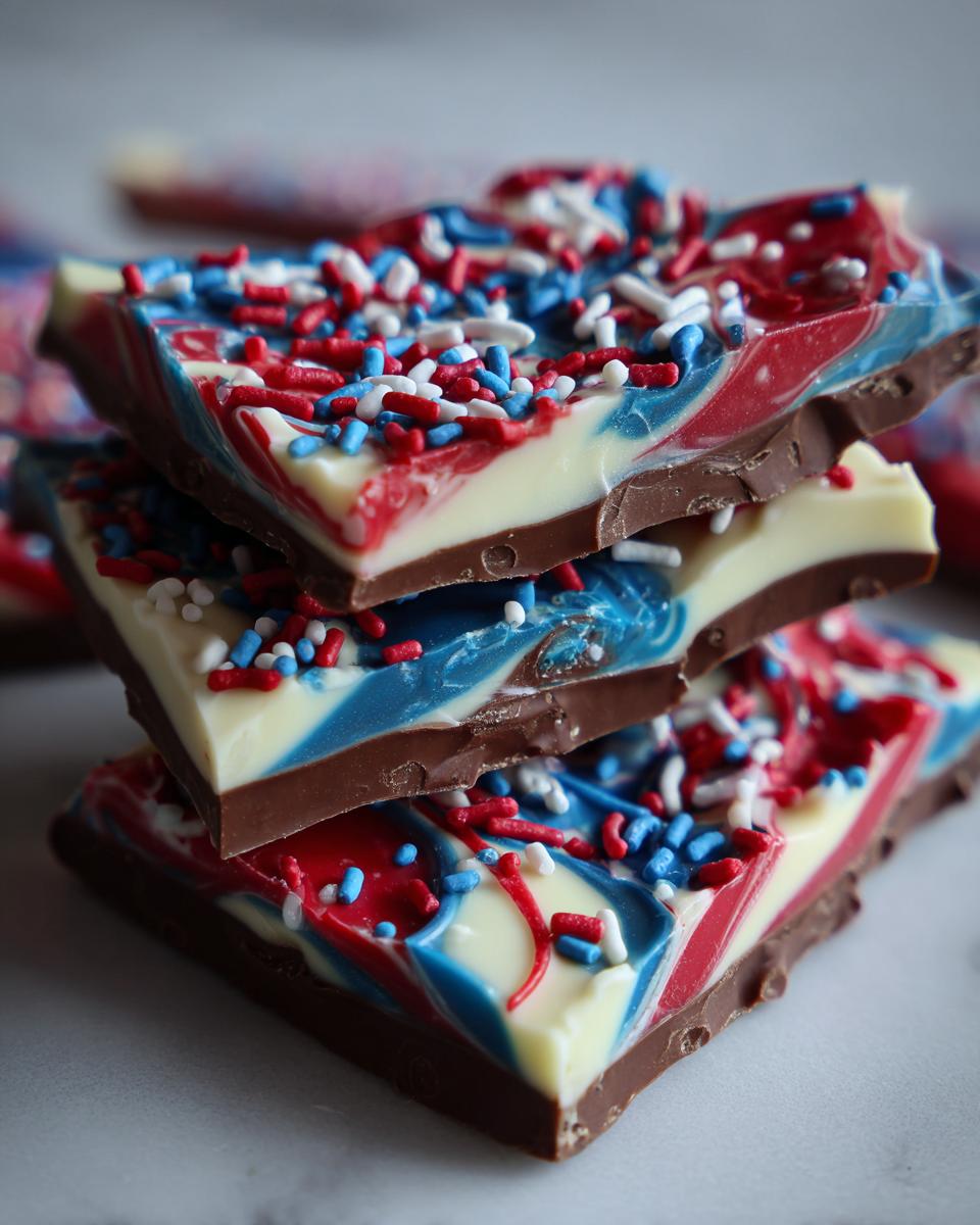 A stack of Festive Red White Blue Bark pieces, swirled with red, white, and blue chocolate and topped with sprinkles.