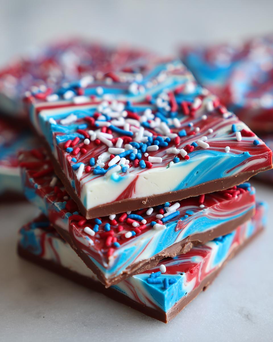 A stack of Festive Red White Blue Bark pieces topped with colorful sprinkles.