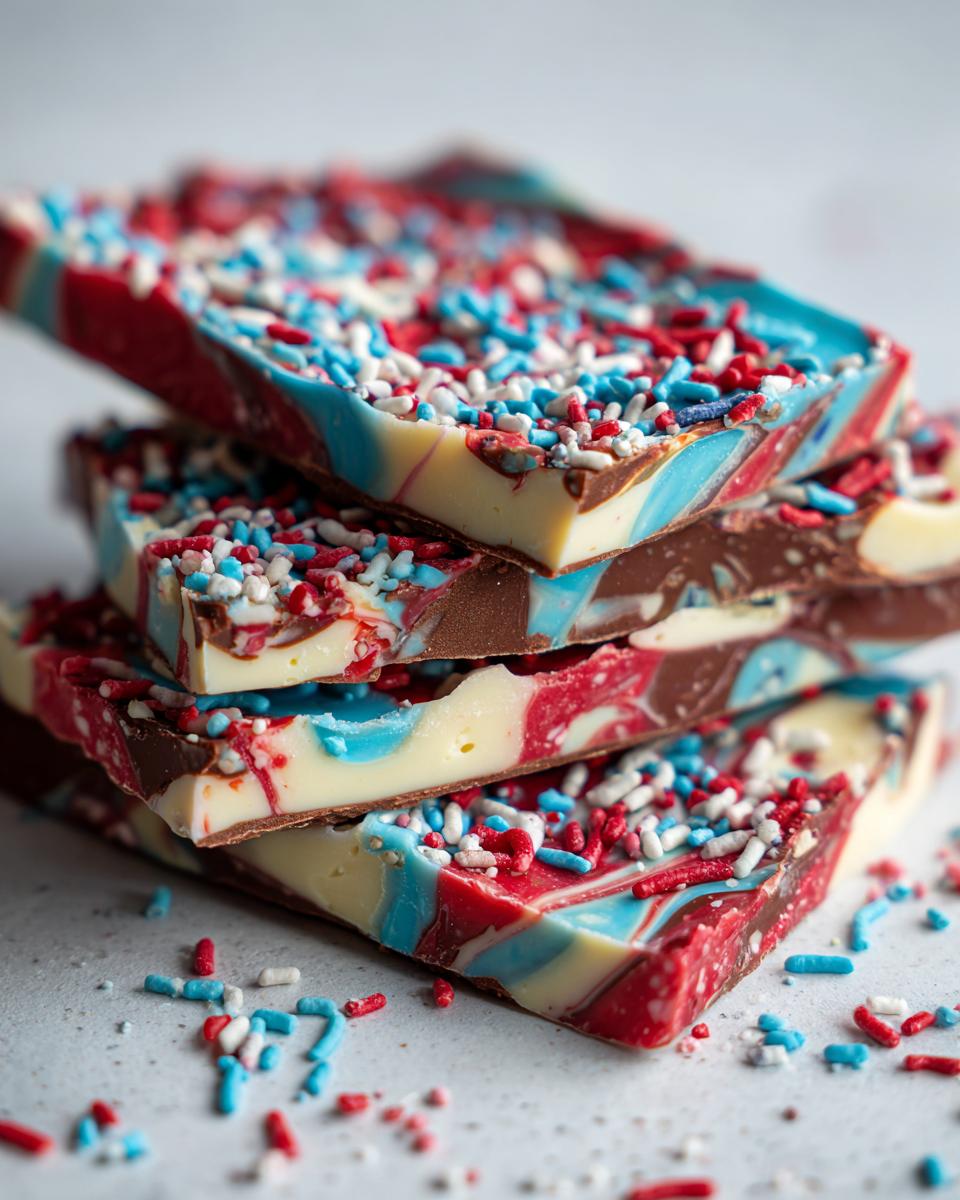 A stack of Festive Red White Blue Bark pieces, swirled with red, white, and blue chocolate and covered in sprinkles.