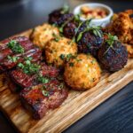A wooden board filled with various finger foods, including glazed short ribs, fried arancini, and dark meatballs, perfect for gatherings.