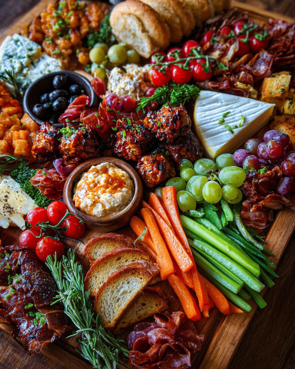 A large wooden board filled with various finger foods, including chicken wings, cheese, grapes, and vegetables, perfect for gatherings.