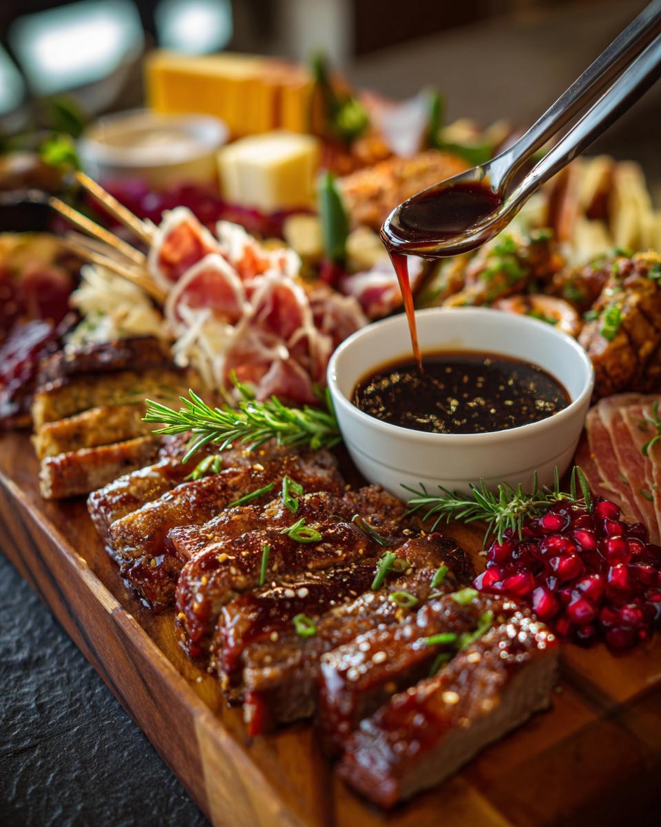 Close-up of a meat platter featuring sliced steak, prosciutto skewers, cheese, and a dipping sauce, perfect for gatherings.