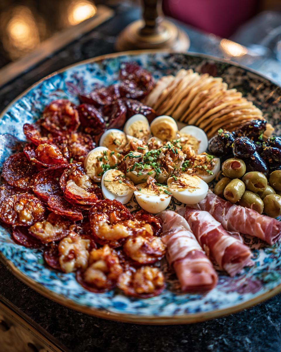 A colorful platter of assorted finger foods, including cured meats, olives, hard-boiled eggs, and crackers, perfect for gatherings.