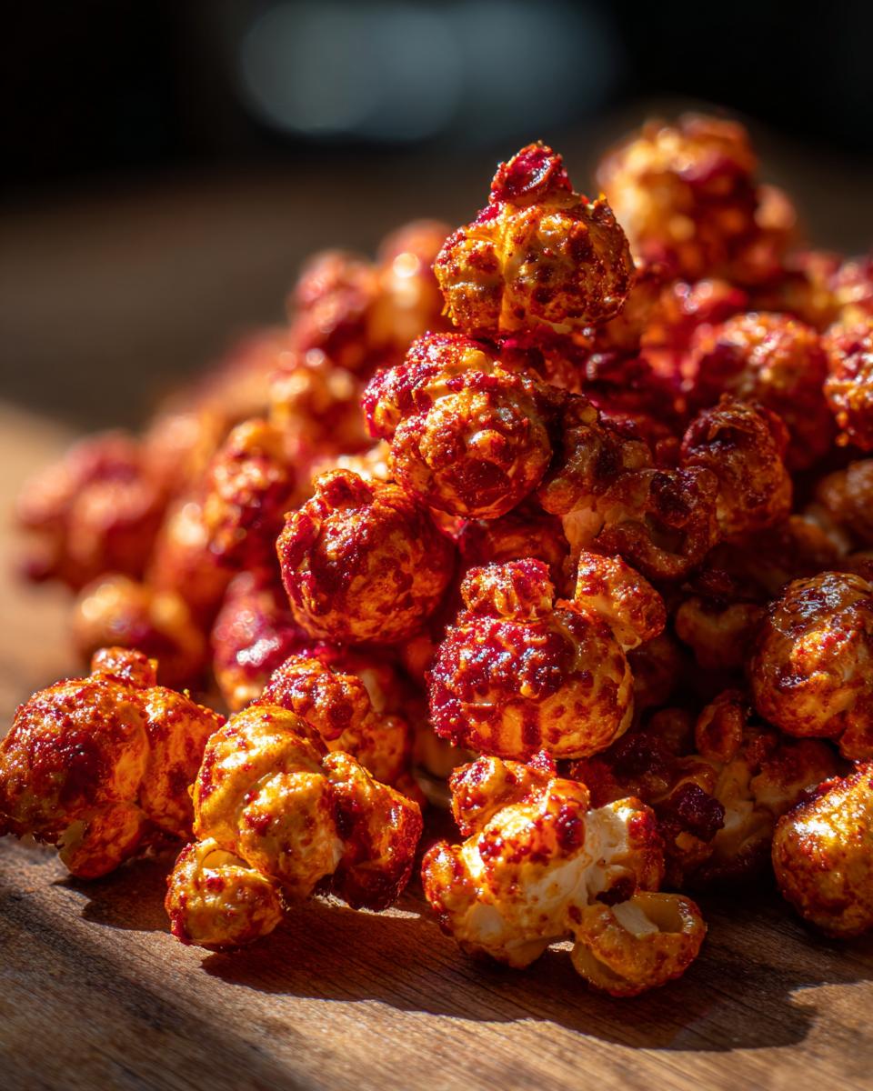 Close-up of a pile of spicy Firecracker Popcorn, coated in a red seasoning.
