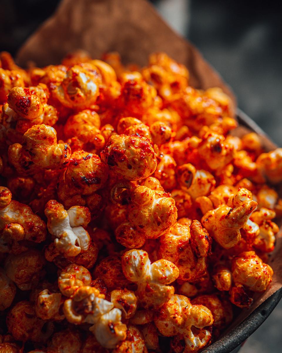 Close-up of a bowl filled with spicy Firecracker Popcorn, coated in a vibrant red seasoning.