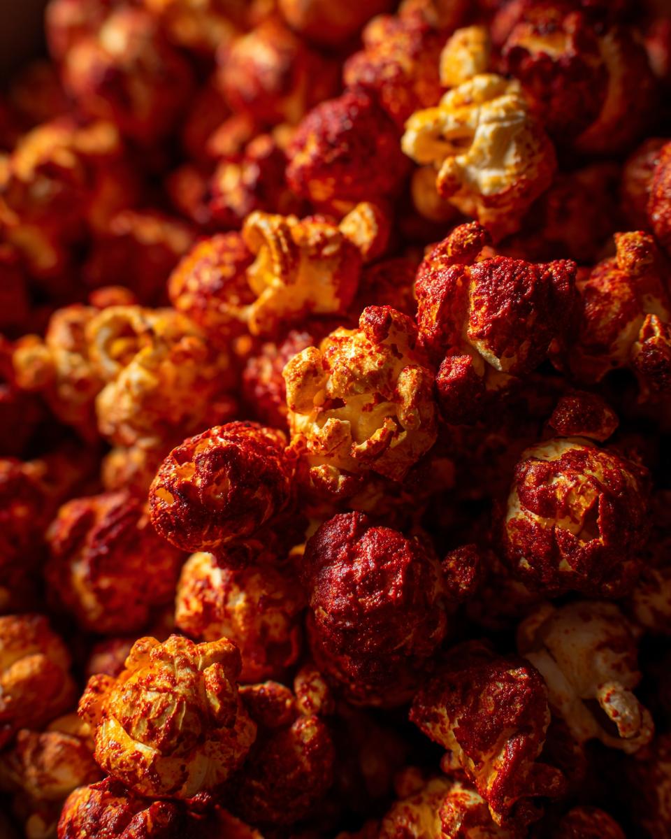Close-up of a pile of Firecracker Popcorn coated in a vibrant red spice mix.