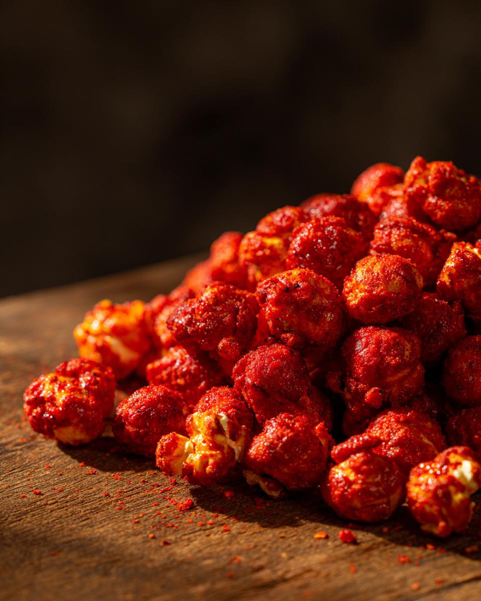 A close-up of a pile of spicy Firecracker Popcorn coated in red seasoning on a wooden surface.