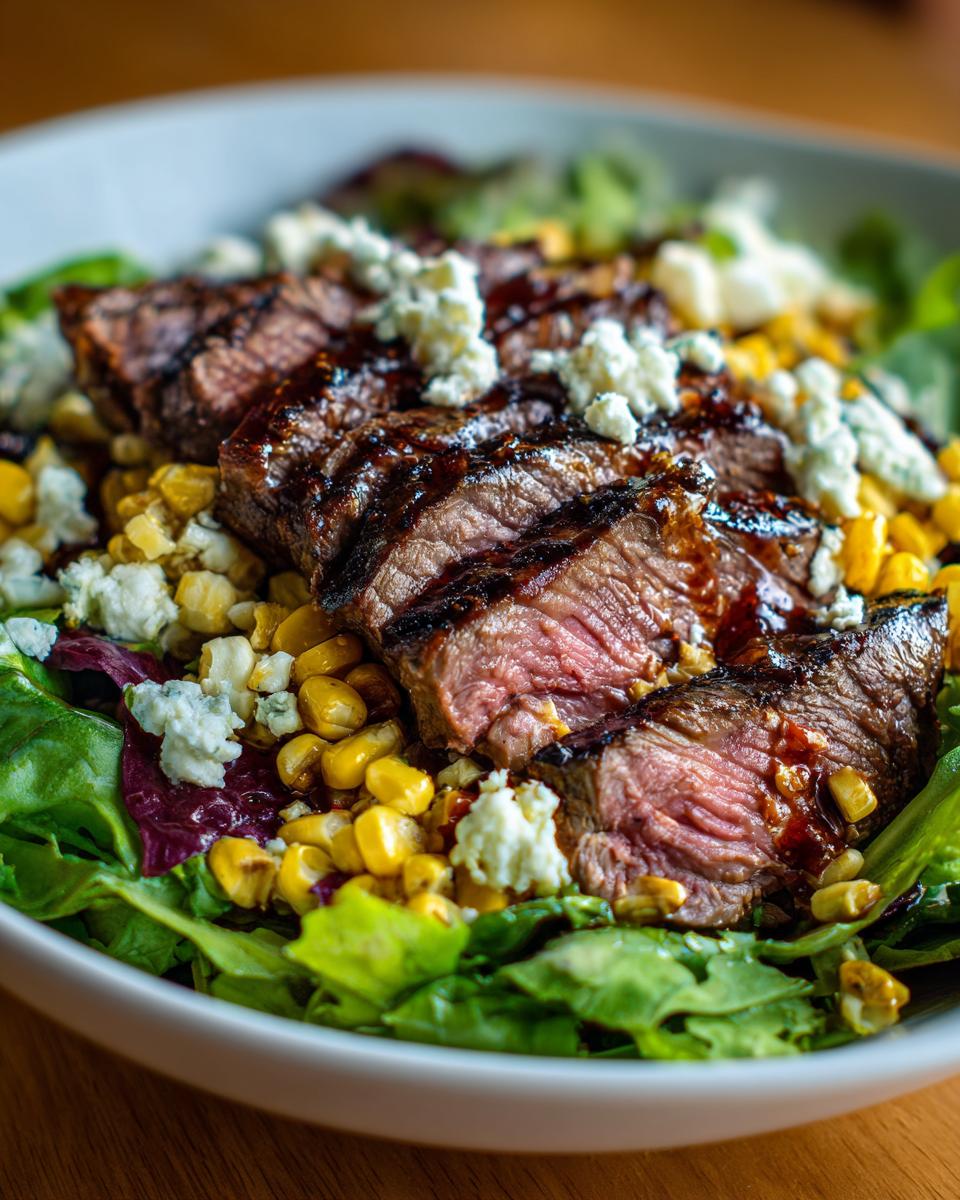Close-up of a Flavorful Balsamic Steak Gorgonzola Salad with grilled corn and crumbled blue cheese.
