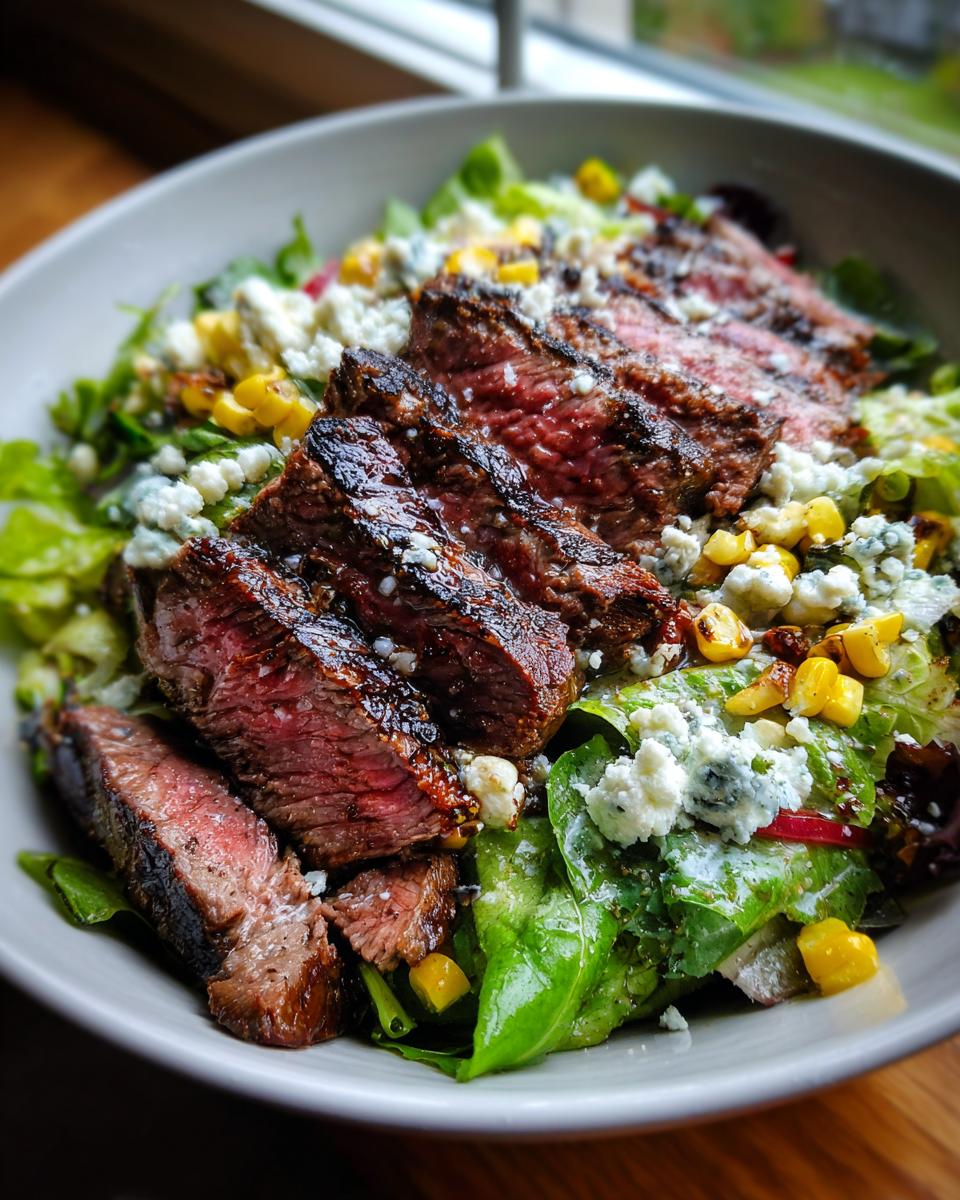 Close-up of a Flavorful Balsamic Steak Gorgonzola Salad with grilled corn and fresh greens.