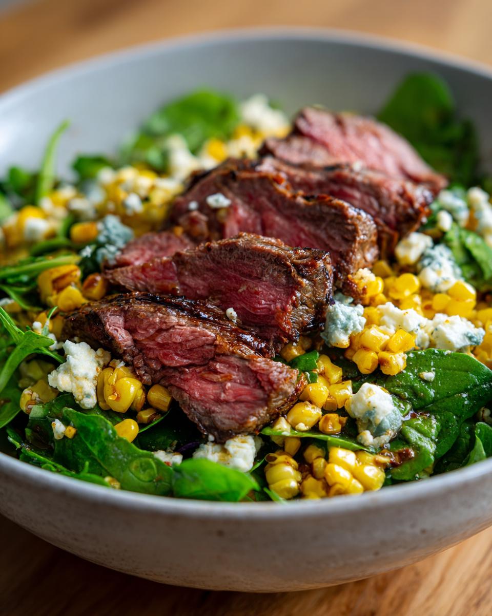 A close-up of a Flavorful Balsamic Steak Gorgonzola Salad With Grilled Corn, featuring sliced steak, corn, greens, and gorgonzola cheese.
