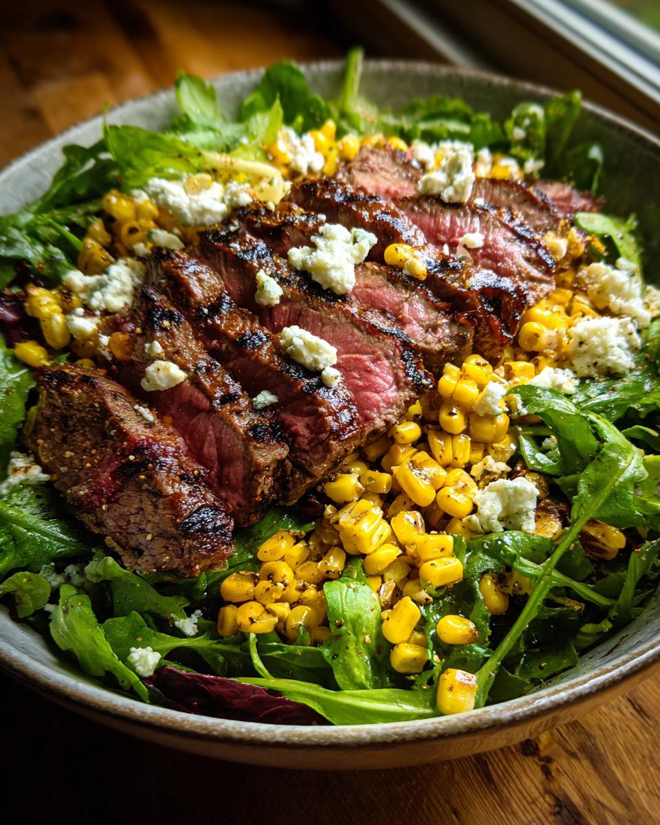 A close-up of a Flavorful Balsamic Steak Gorgonzola Salad With Grilled Corn, featuring sliced steak, corn, and crumbled gorgonzola cheese on a bed of greens.